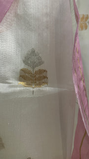 White chanderi pure silk saree with pink border, stitched blouse