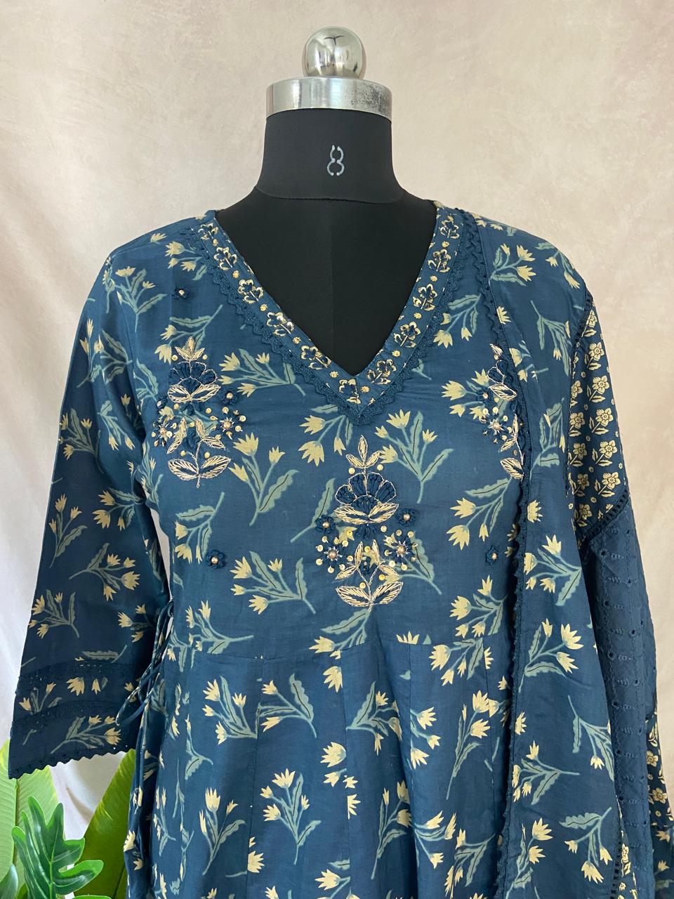 Indigo cotton anarkalai with handwork , bottom and dupatta