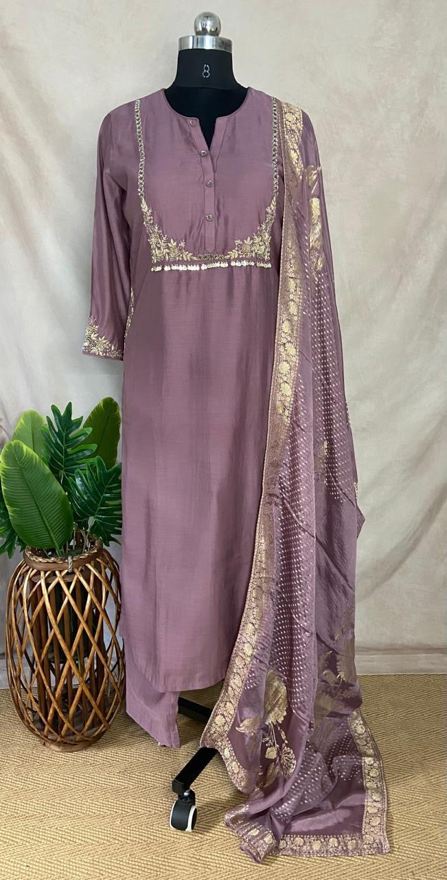 Lilac chanderi silk kurti with handwork, bottom and banarsi dupatta