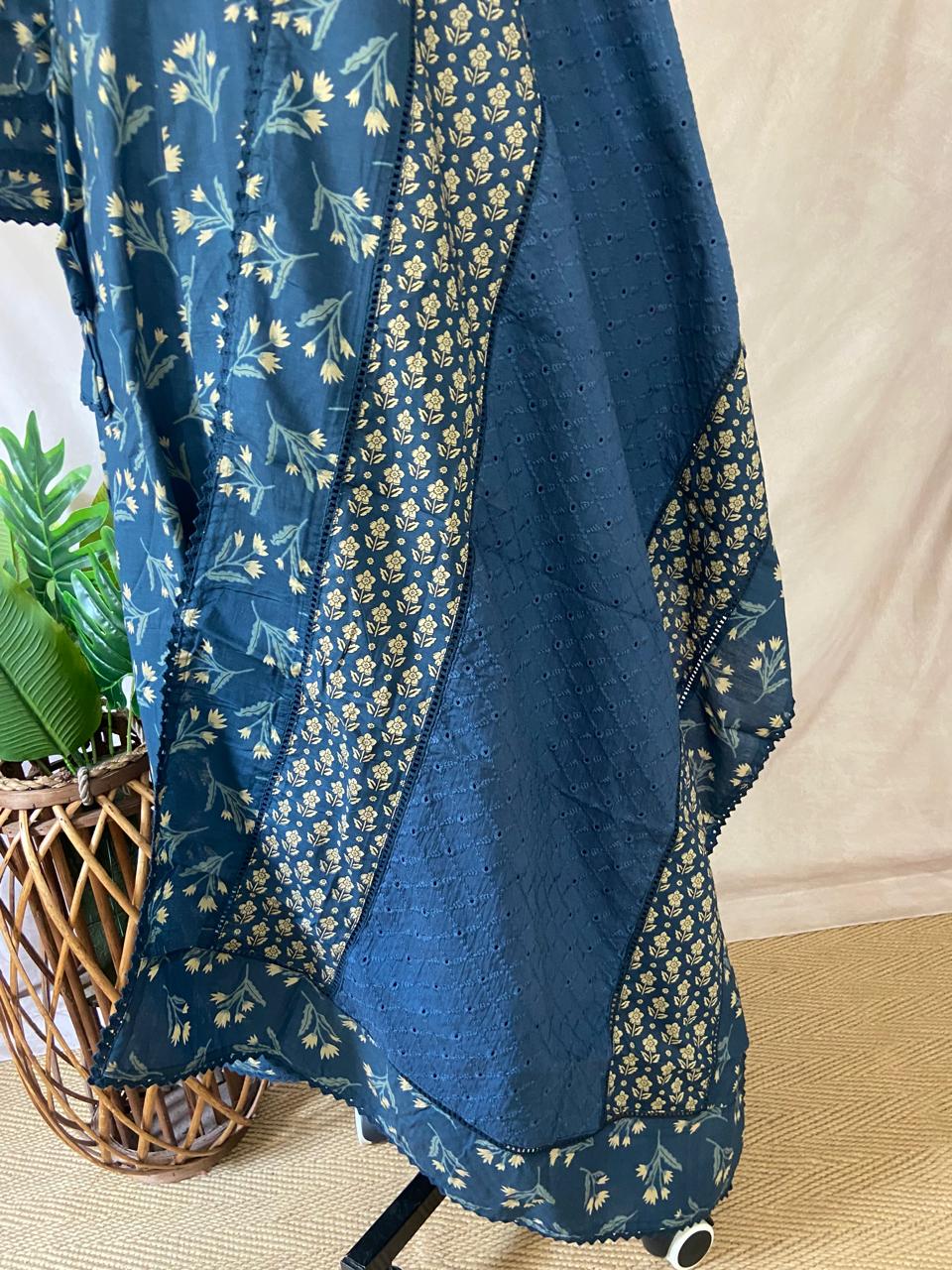 Indigo cotton anarkalai with handwork , bottom and dupatta