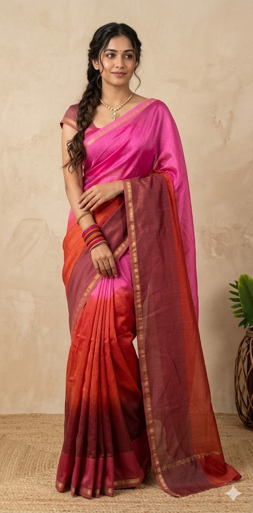 Chanderi cotton silk multi shaded saree, with BP