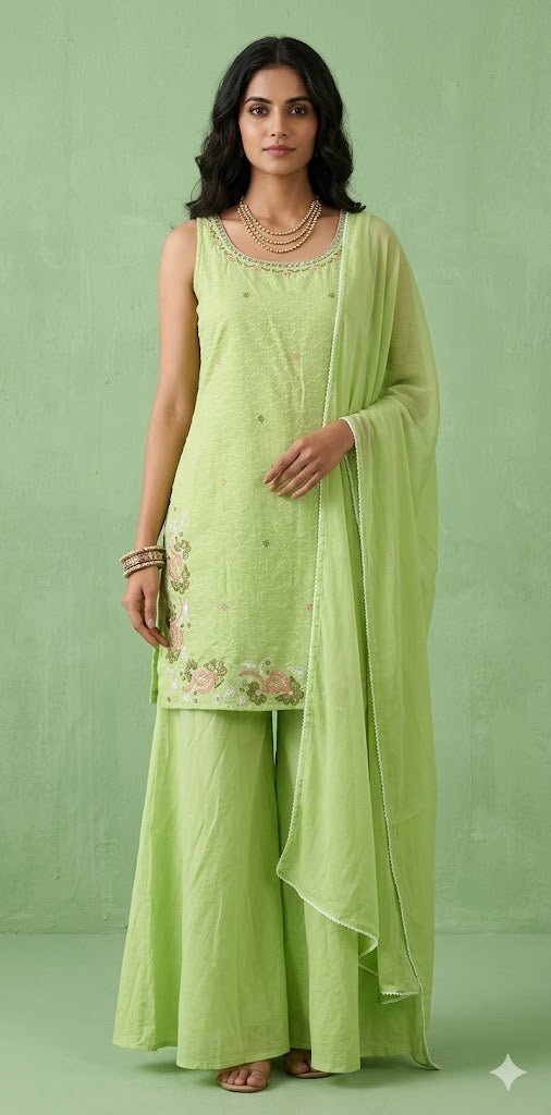 light green cotton kurti with bottom and dupatta