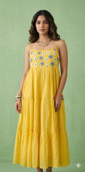 Yellow pure cotton dress with hand emroidery