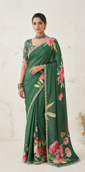 Forest green chinon digital Printed saree with bead work and stitched blouse