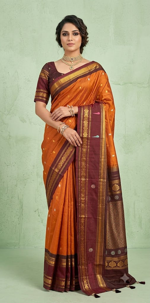 Handloom gadwal pure silk saree with muniya tissue border and stitched blouse