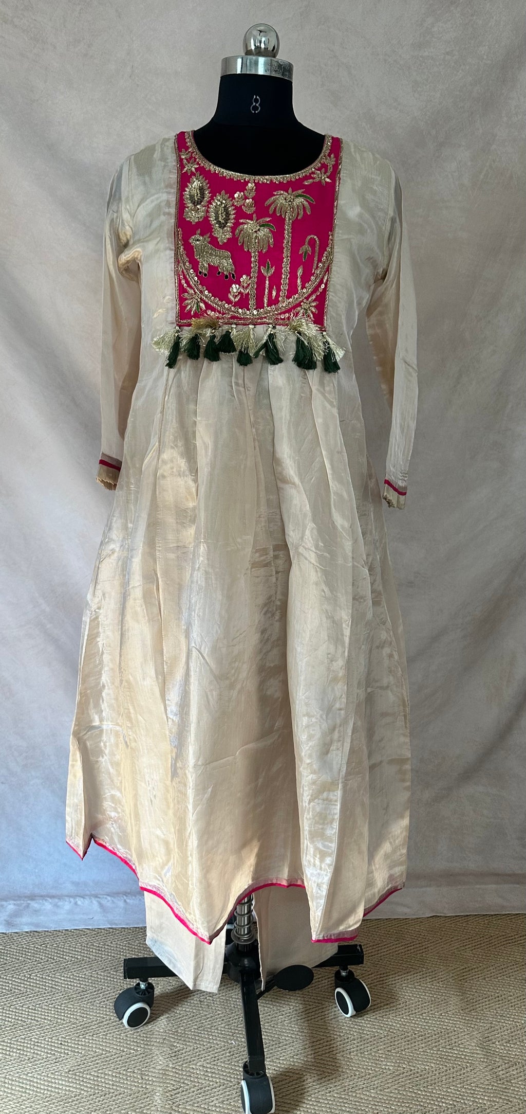 cream color tissue silk kurti with handwork, with bottom and dupatta