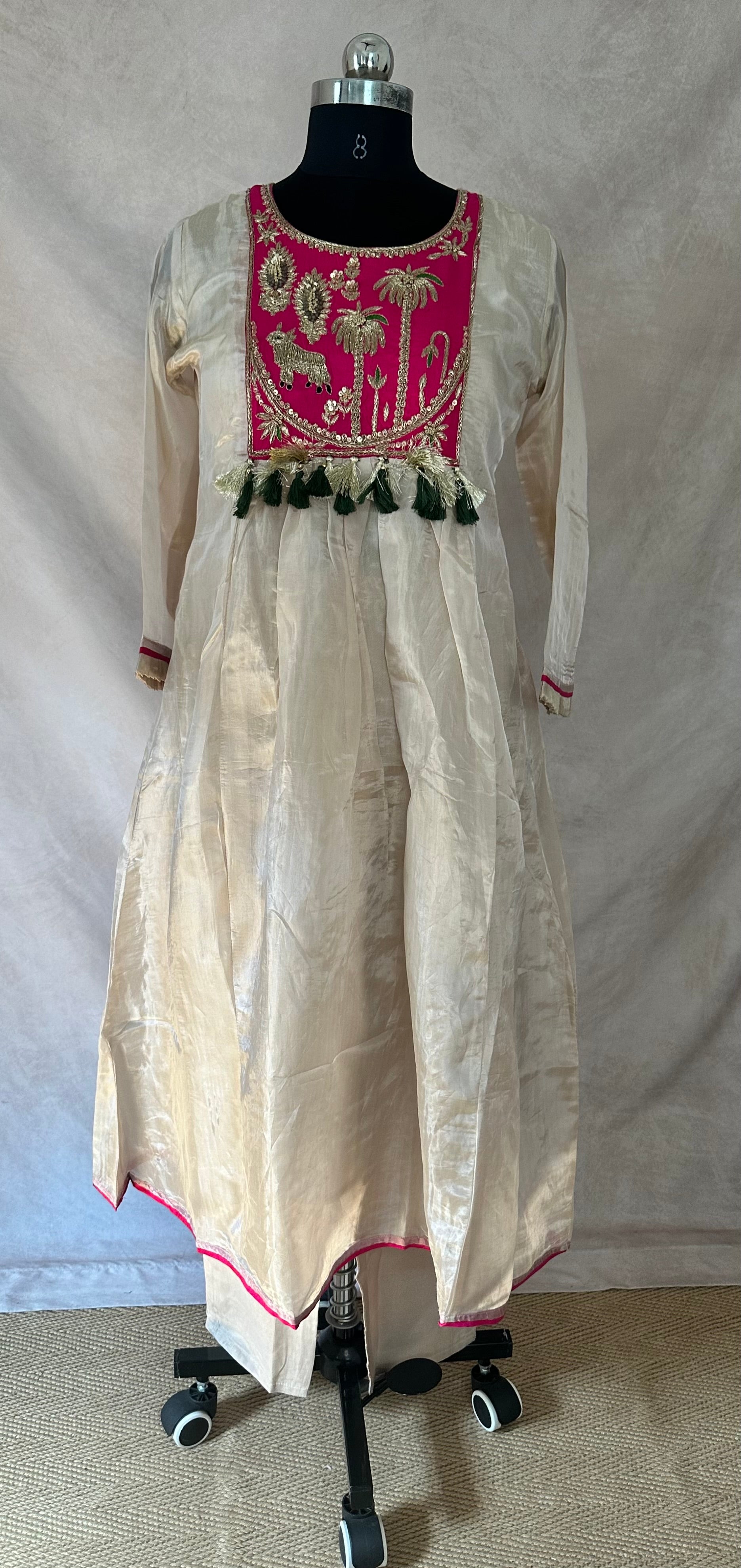 cream color tissue silk kurti with handwork, with bottom and dupatta
