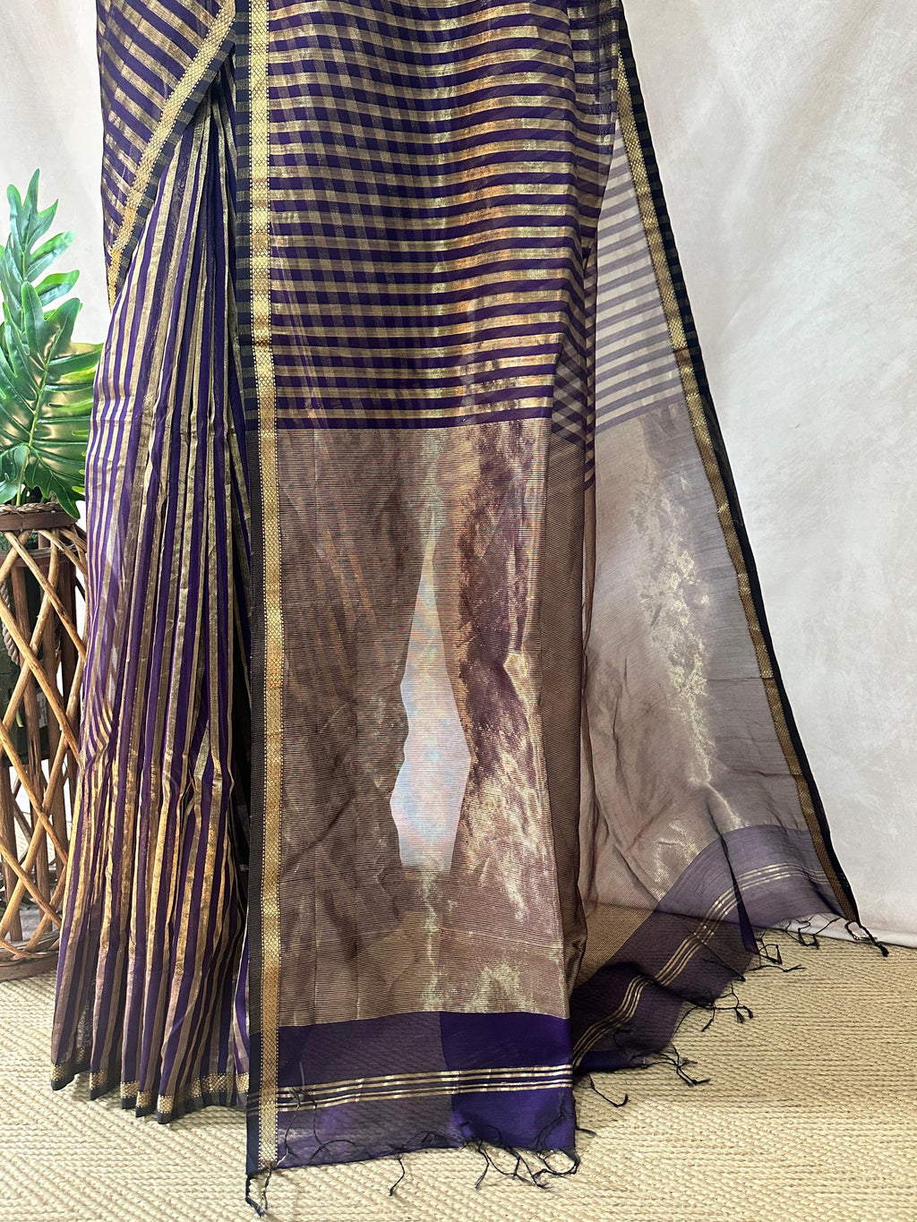 Maheshwari tissue silk saree with stripe and stitched blouse