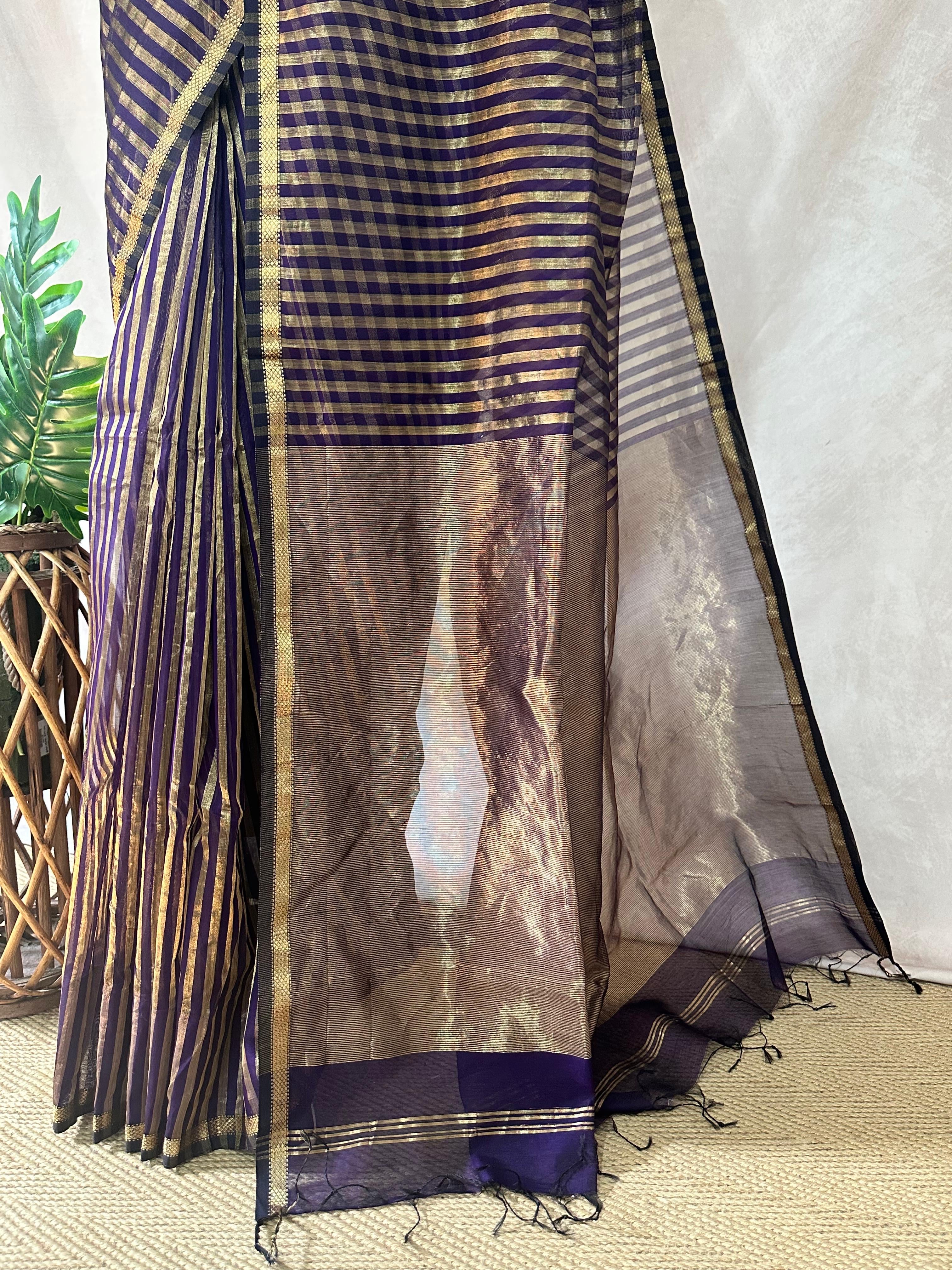 Maheshwari tissue silk saree with stripe and stitched blouse