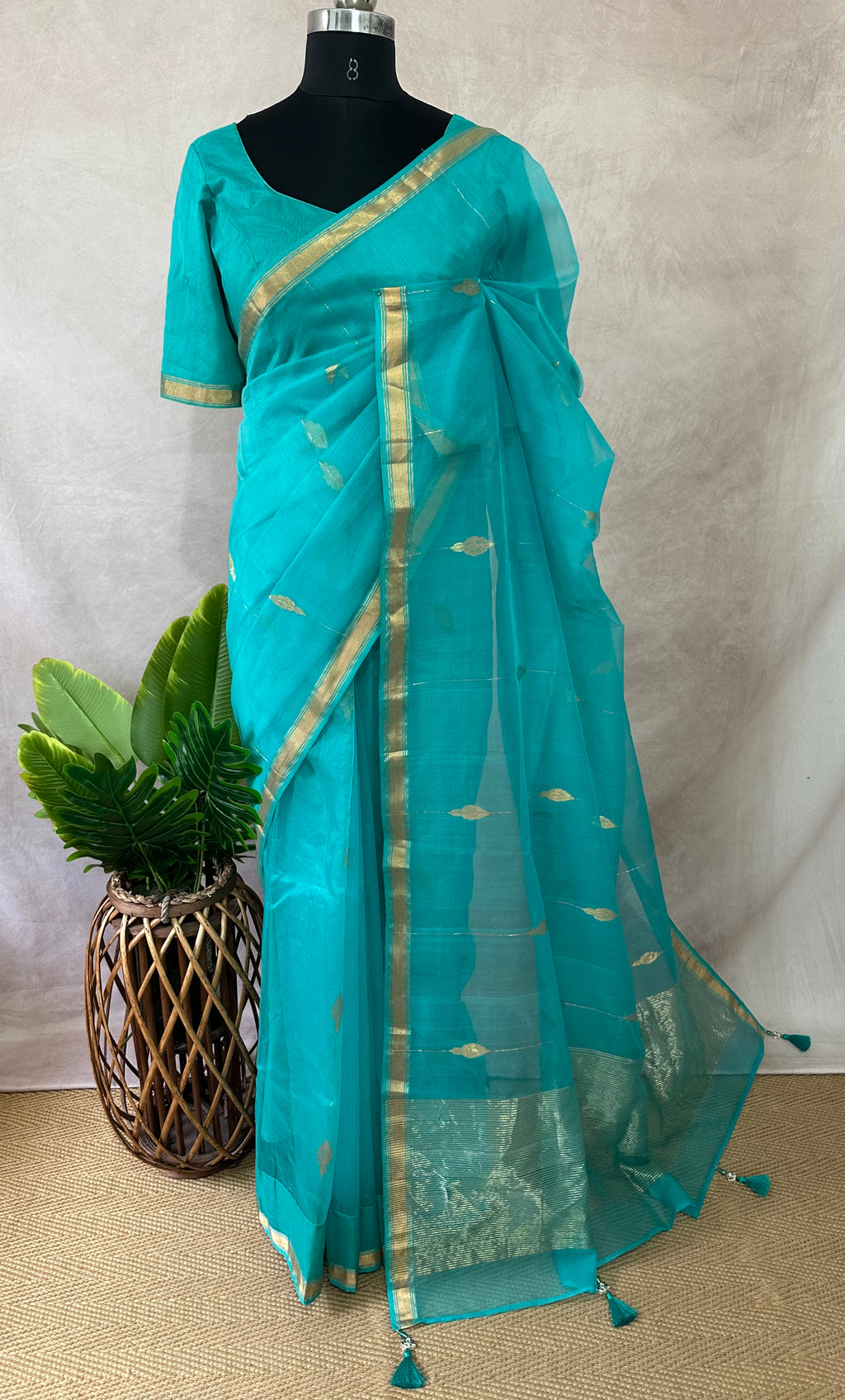 Copper sulfate blue chaneri saree with stitched blouse