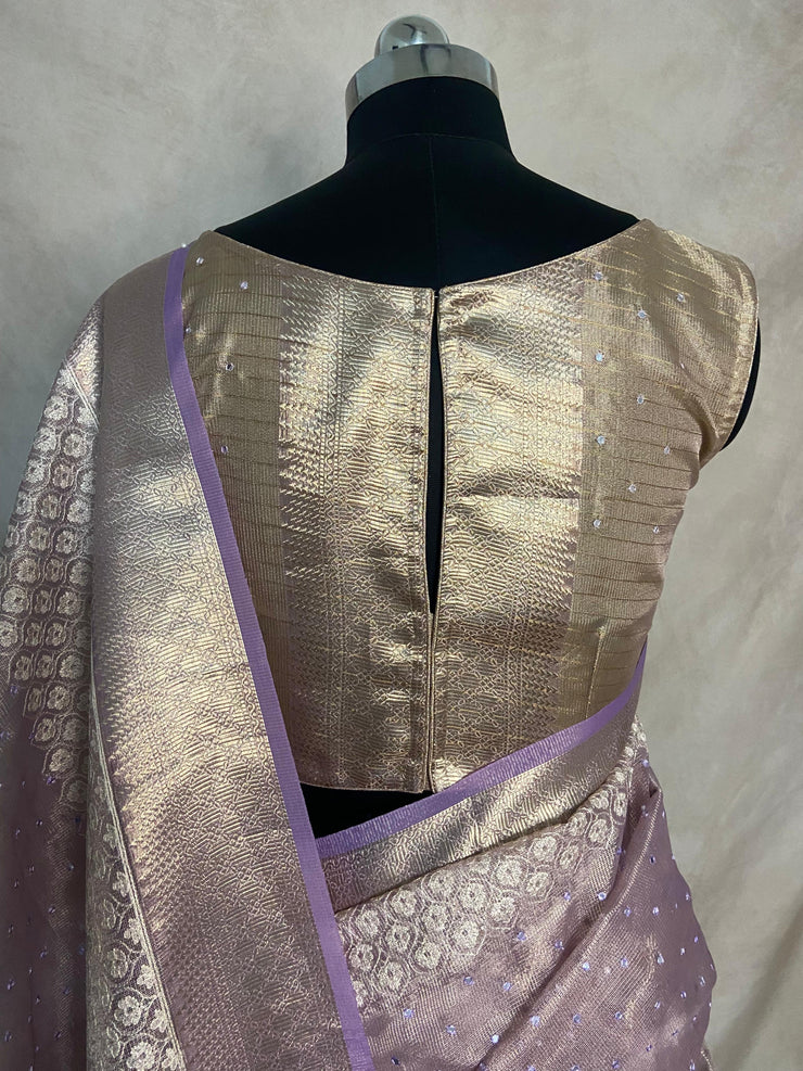Lilac Tissue Kotta silk saree with mirror and chikankari work, with stitched blouse