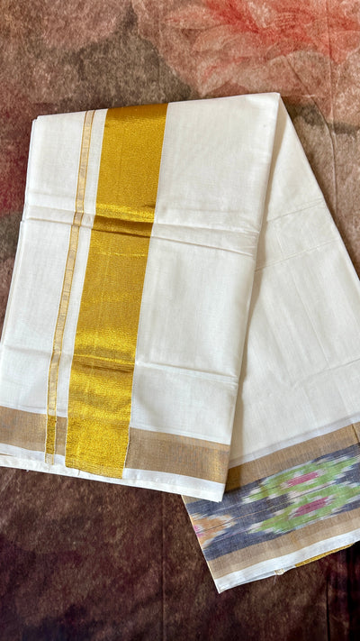 Ikkat weaved border cotton set saree