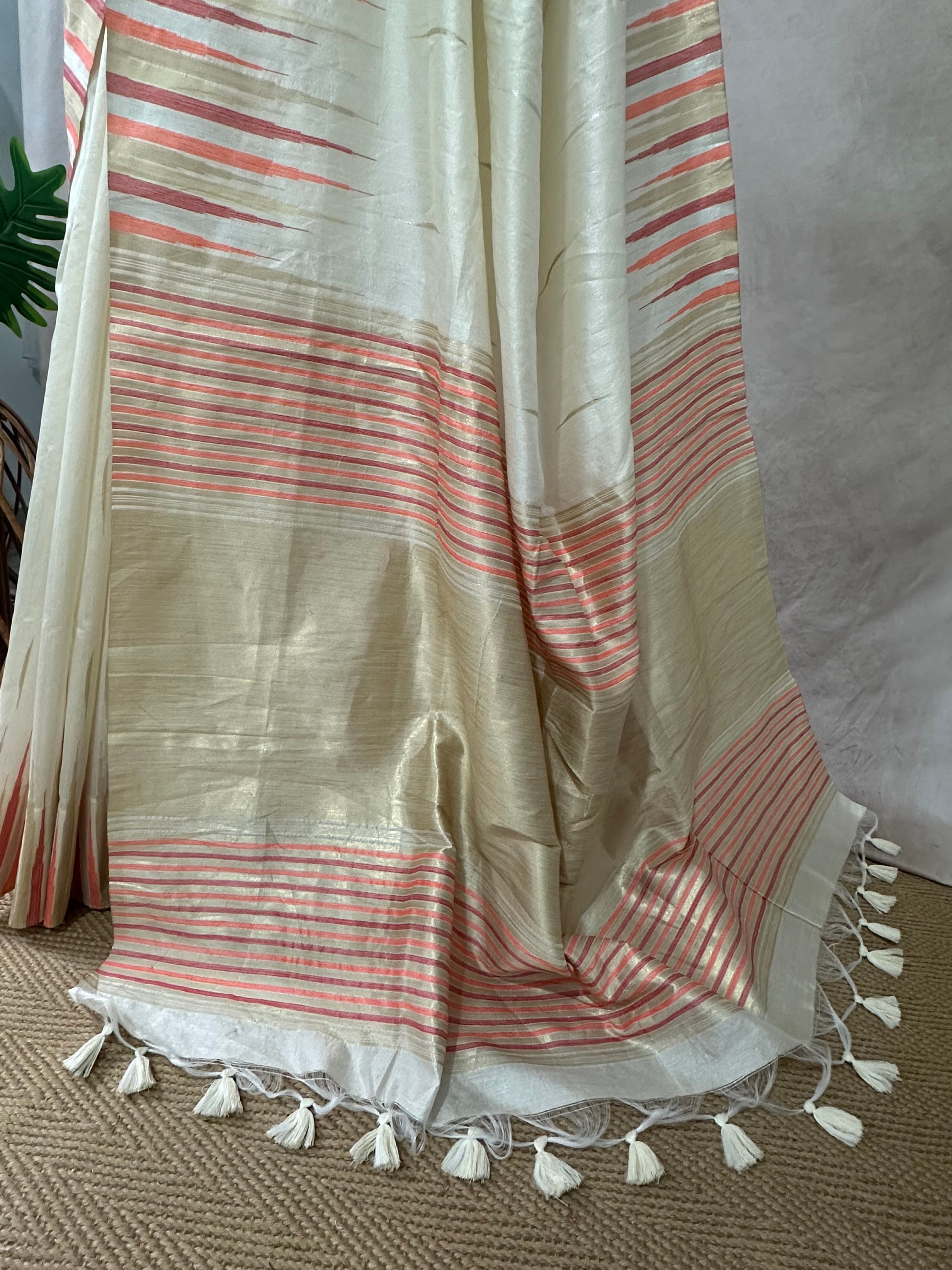 Off white Semi silk saree with peach and gold temple border