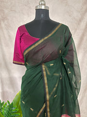 Pure Green Maheshwari silk saree with stitched blouse
