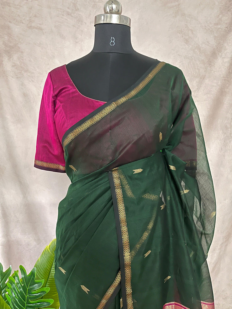 Pure Green Maheshwari silk saree with stitched blouse