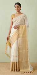 Gold 120 count mulcotton saree with zari lines