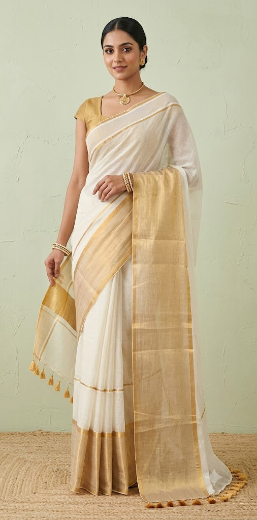 Gold 120 count mulcotton saree with zari lines