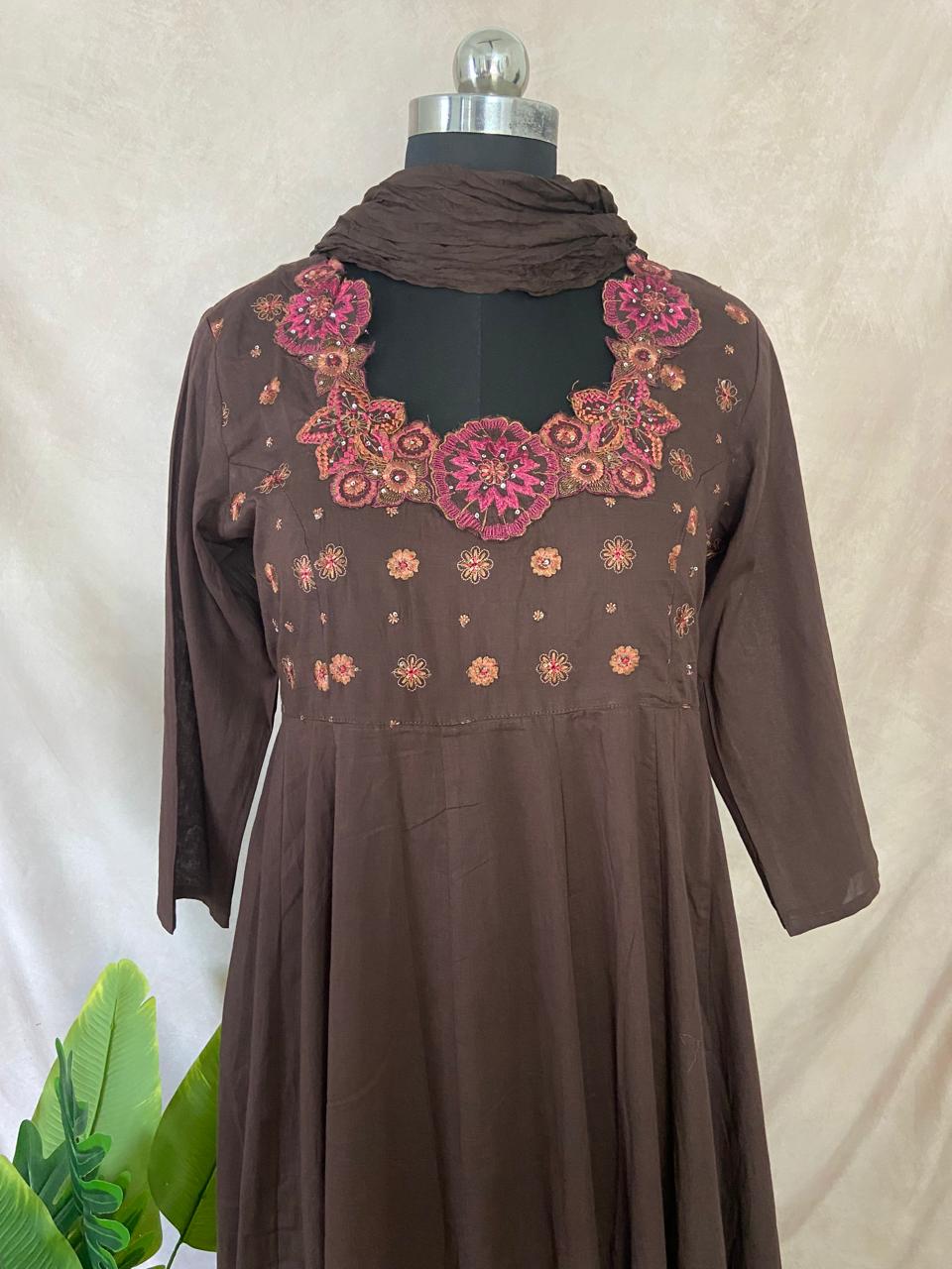 Brown anarkali kurti with bottom and dupatta