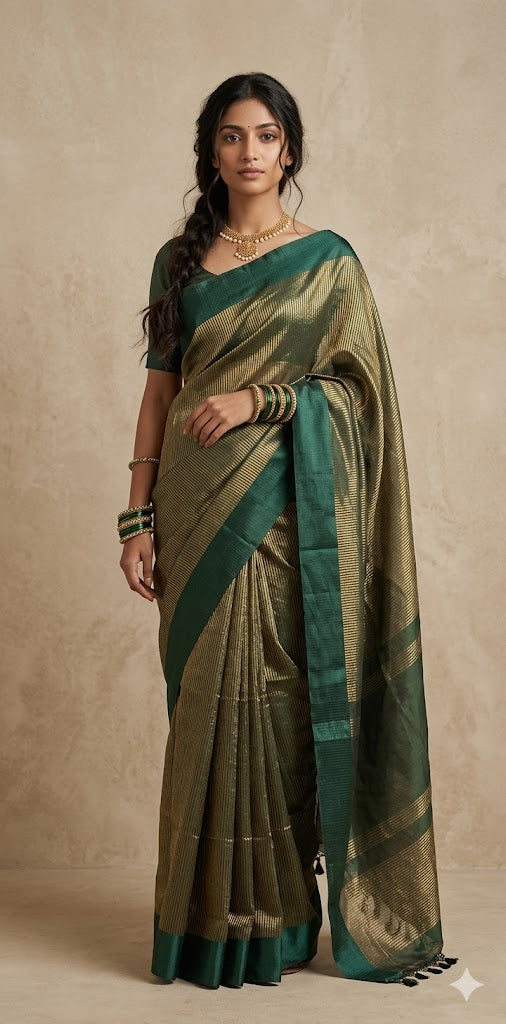 Dark green stripe tissue silk saree with stitched blouse