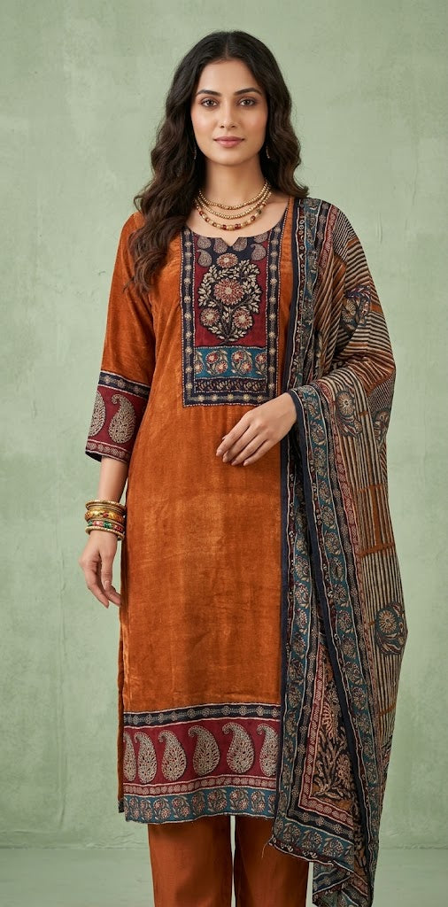 Burnt orange crepe silk designer kurti set