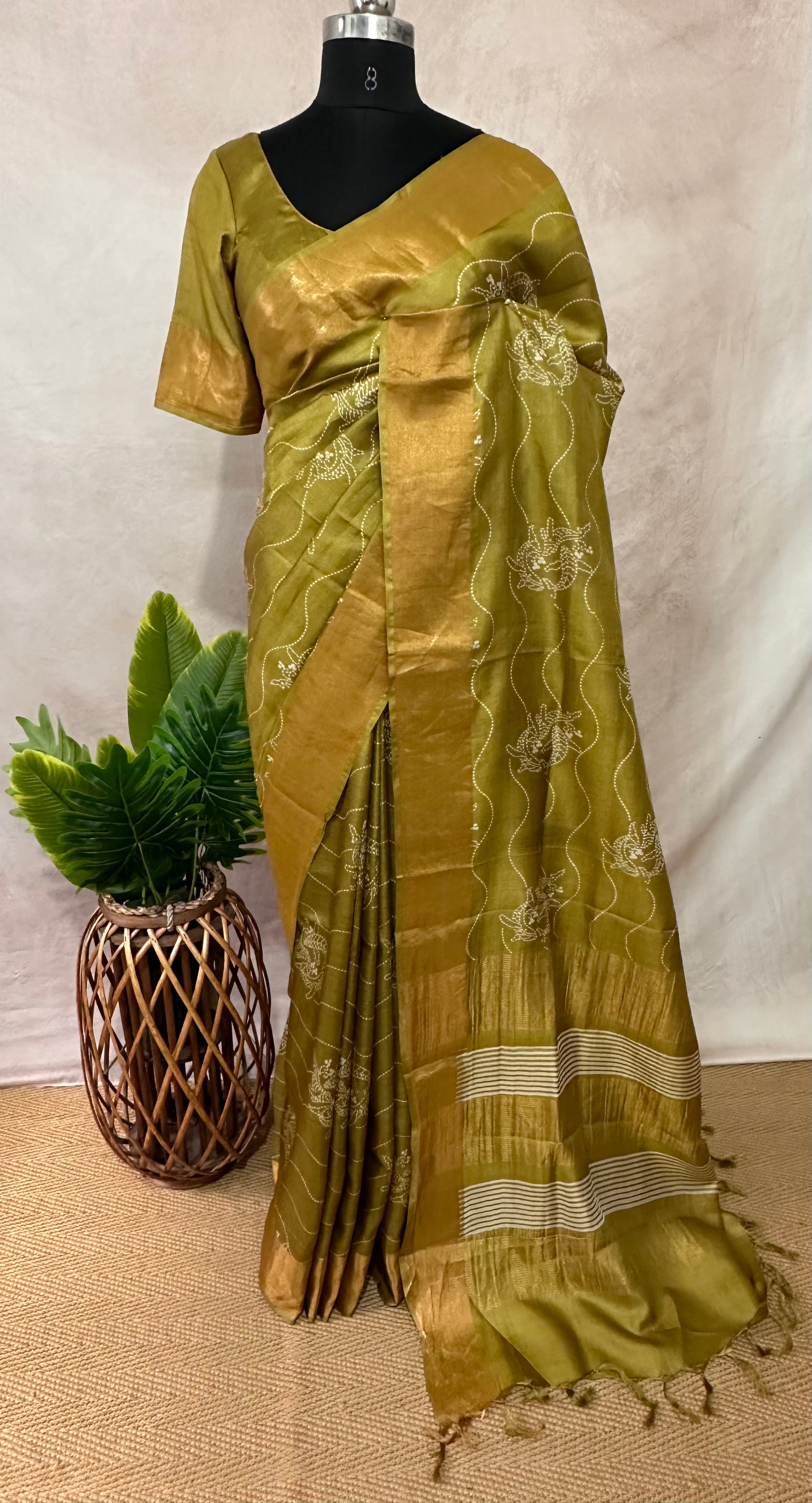 Printed tussar pure silk saree with stitched blouse