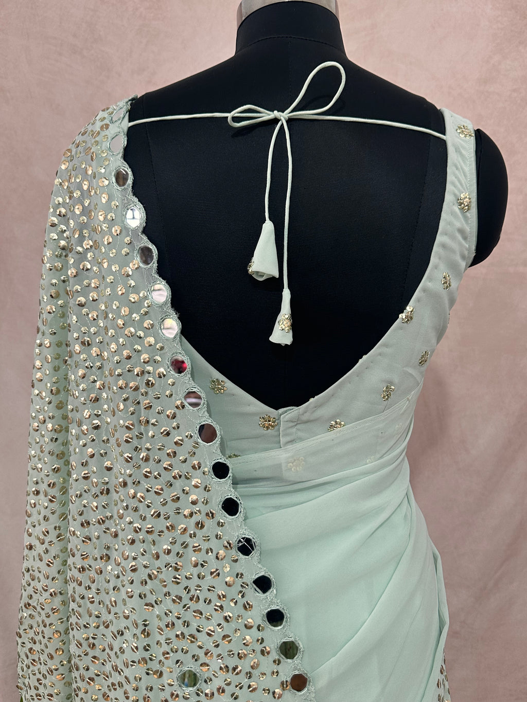 Designer saree with sequins and mirror, stitched blouse and under skirt
