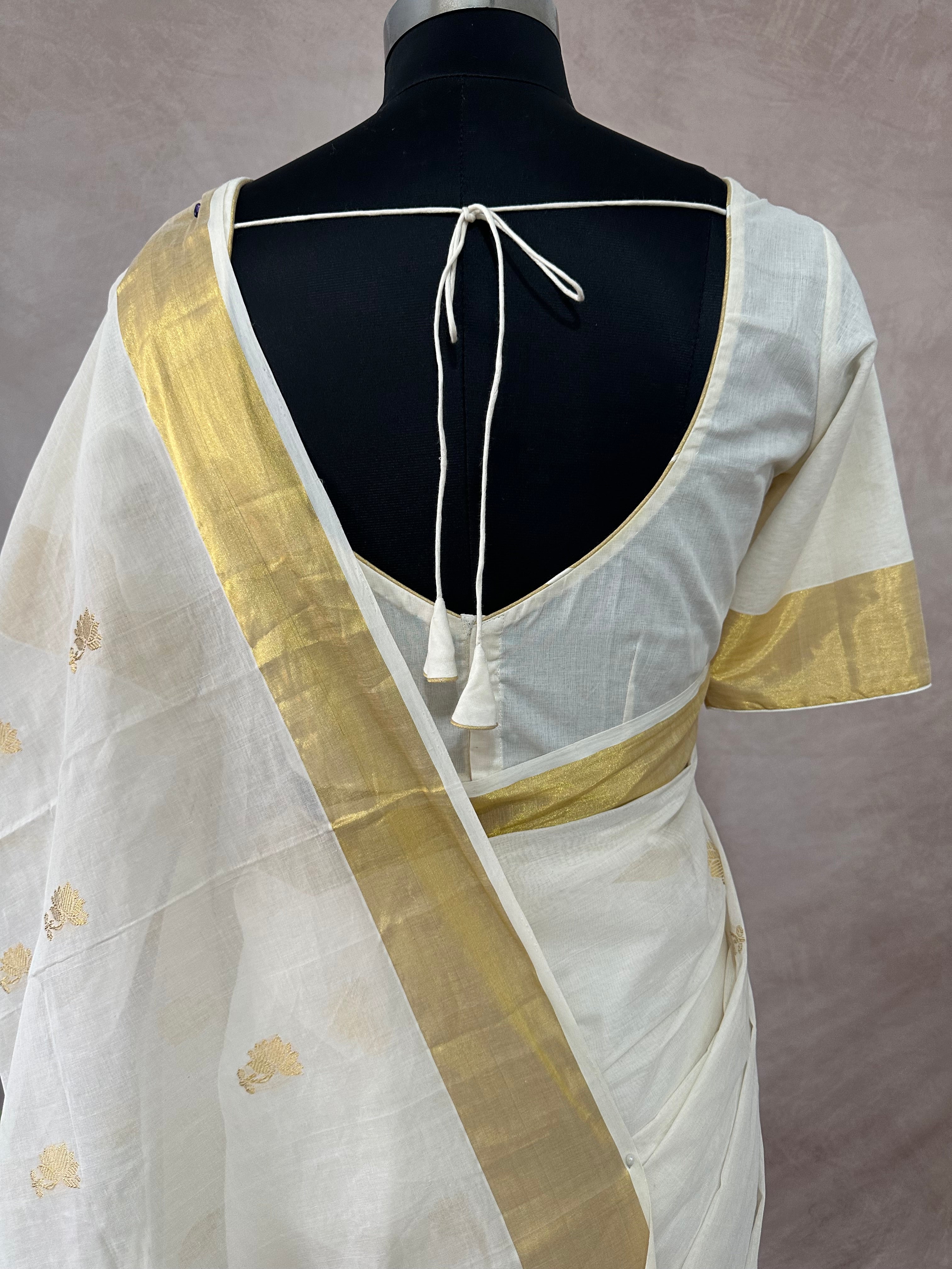 Handloom kerala kasavu saree with stitched blouse