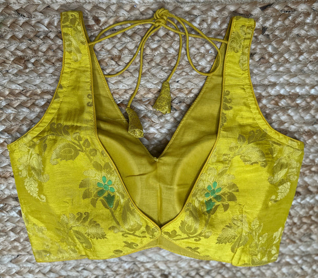 Yellow banarsi sleeveless blouse