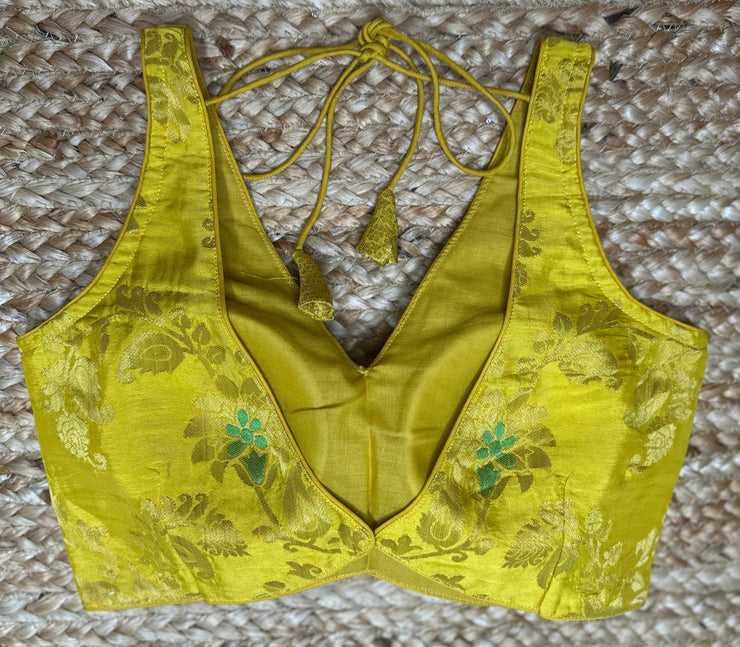 Yellow banarsi sleeveless blouse