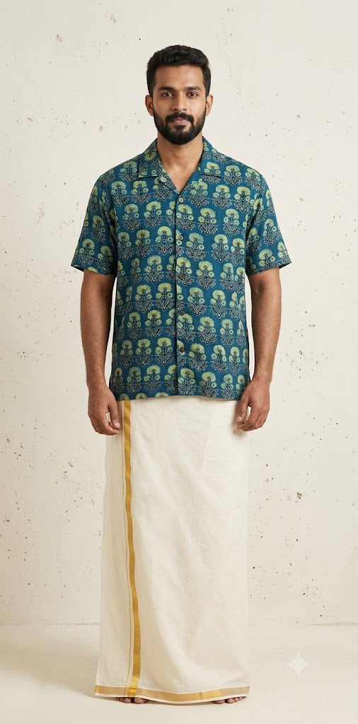 Ajrakh handblock printed Cuban colar shirts in pure modal silk