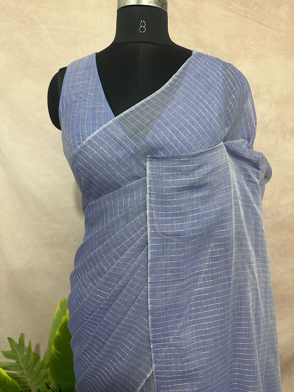 Handloom Light blue cotton saree with gold line, with stitched blouse
