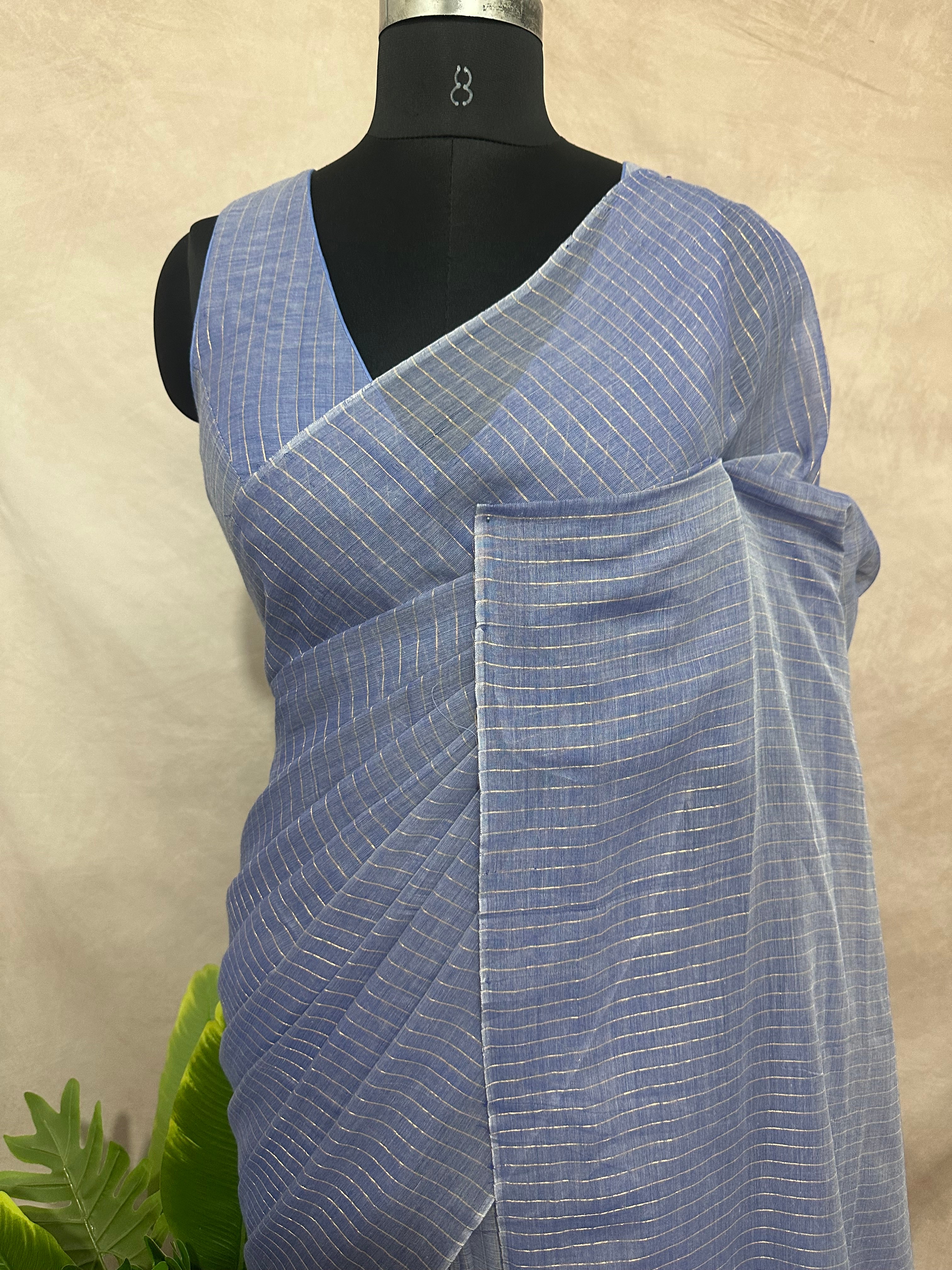 Handloom Light blue cotton saree with gold line, with stitched blouse
