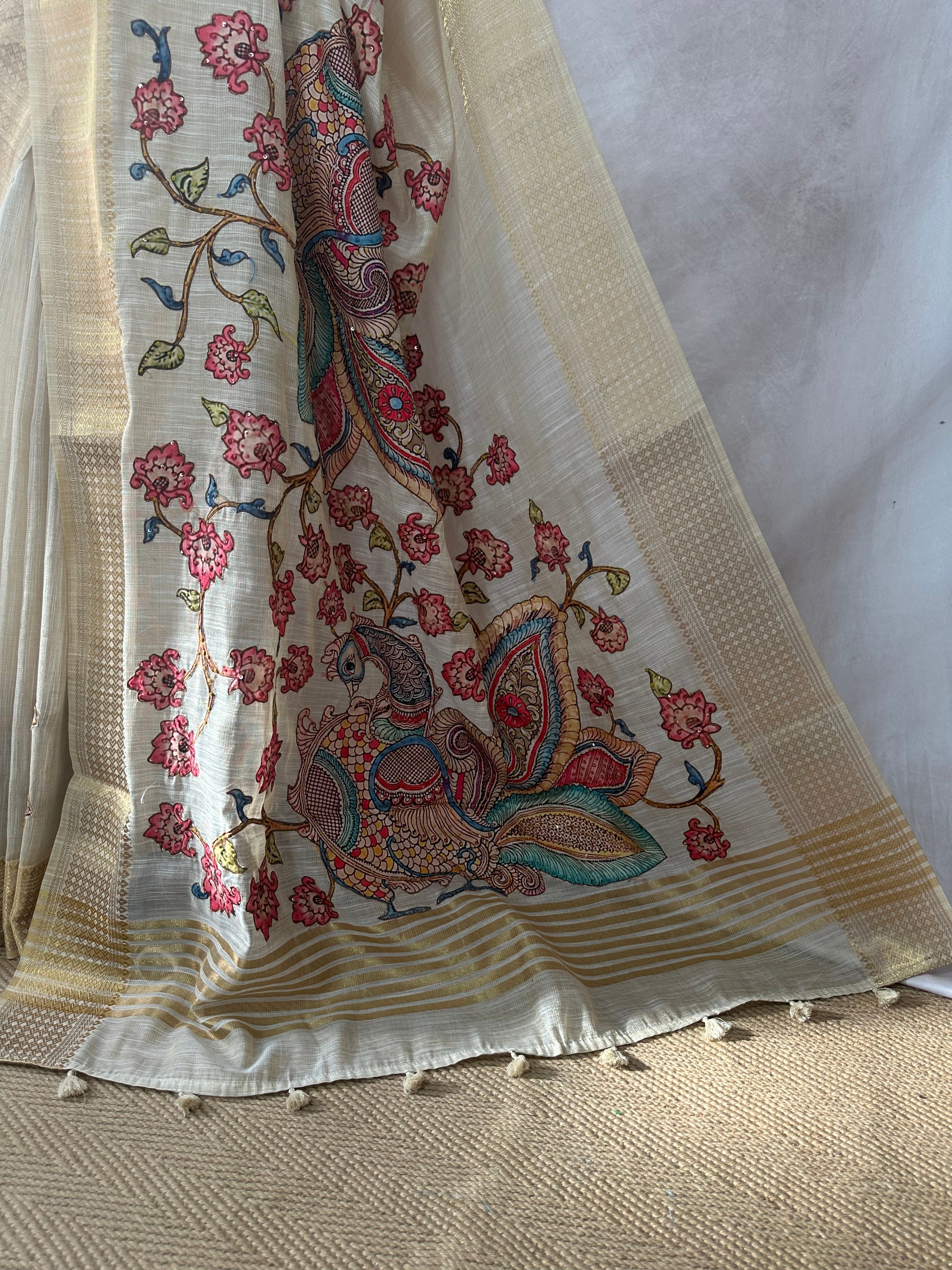 Tissue linen saree with kalamkari patch work , with BP