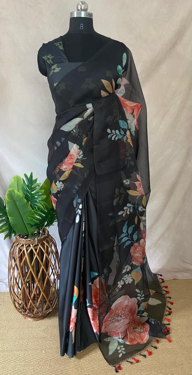 Silk organza digital printed saree with Organza and Satin half and half saree , BP