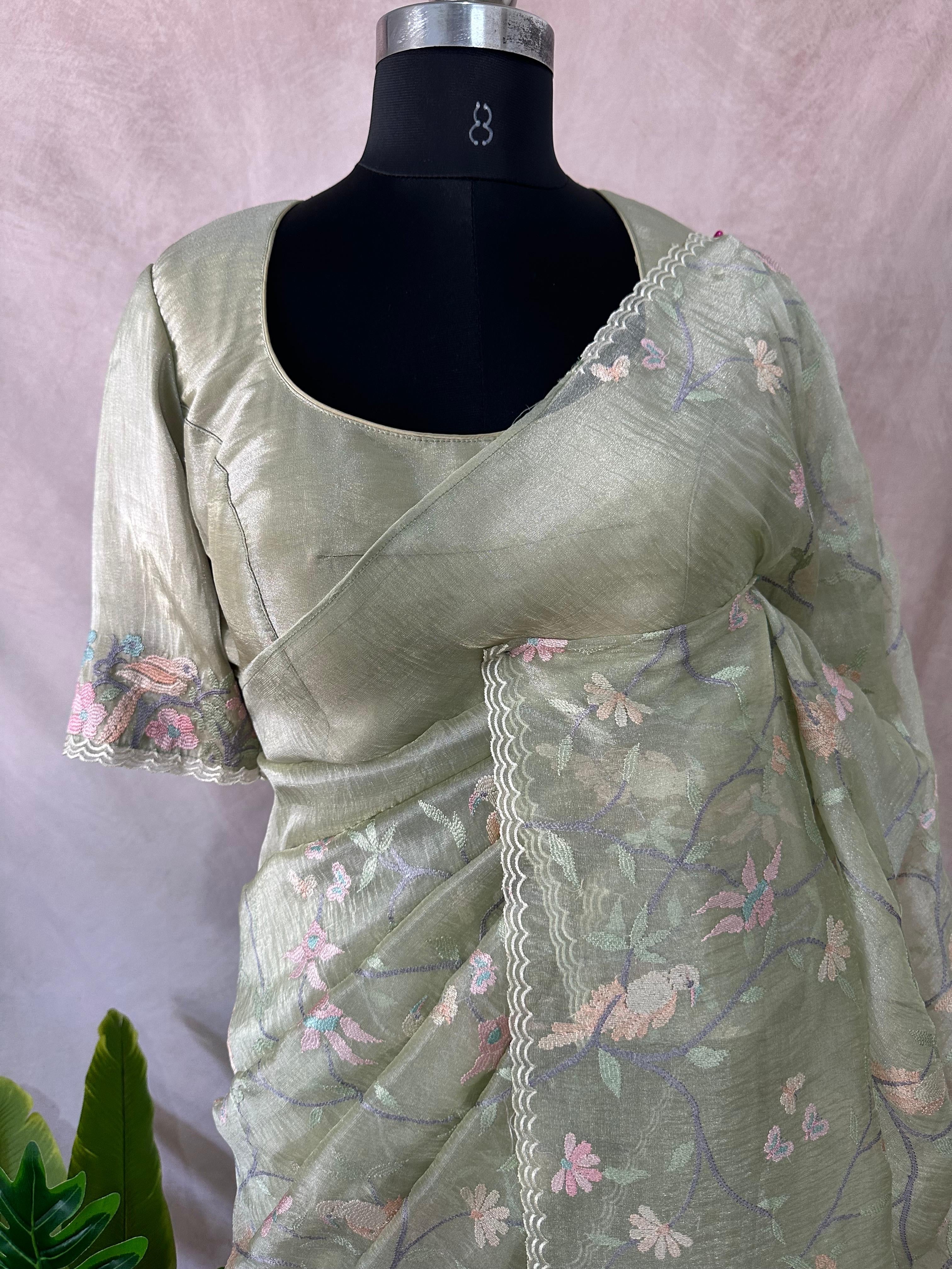 Light green glass organza with stitched blouse