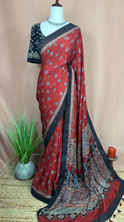 Red ajrakh hand blocked printed designer modal silk saree with stitched blouse