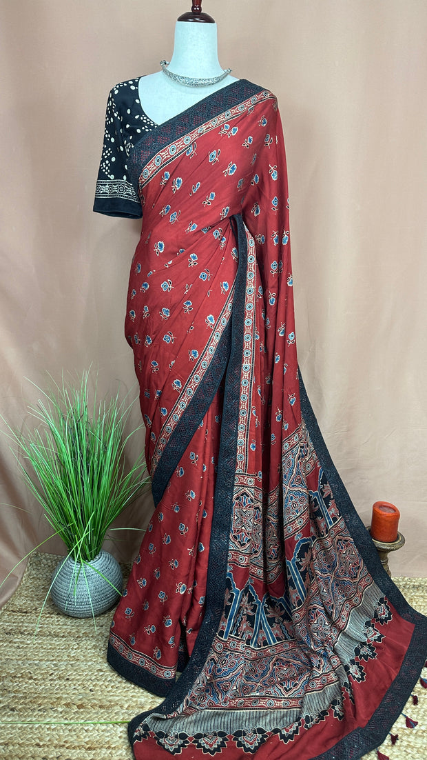 Red ajrakh hand blocked printed designer modal silk saree with stitched blouse