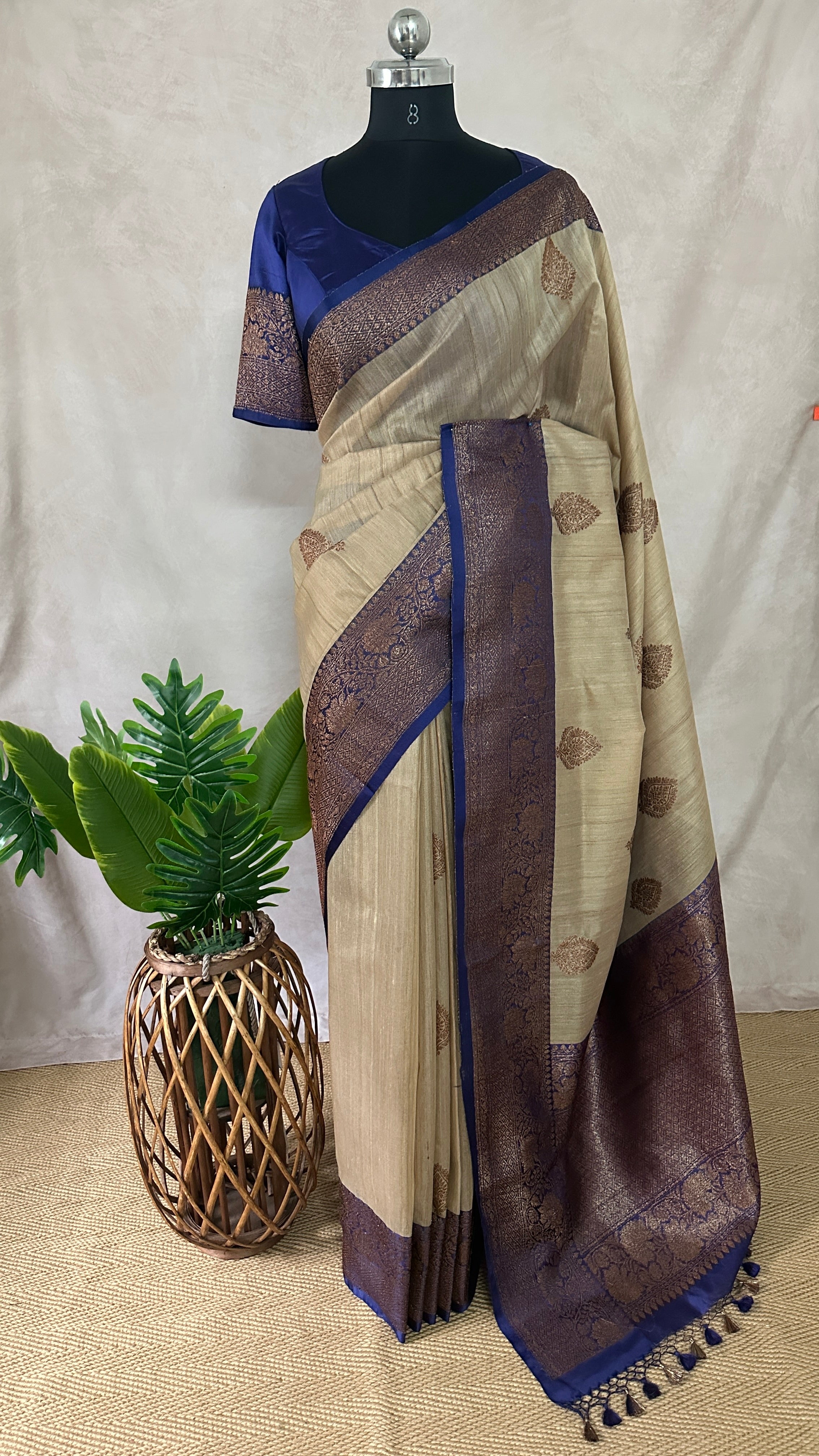 Pure silk Tussar Banarsi saree with stitched blouse