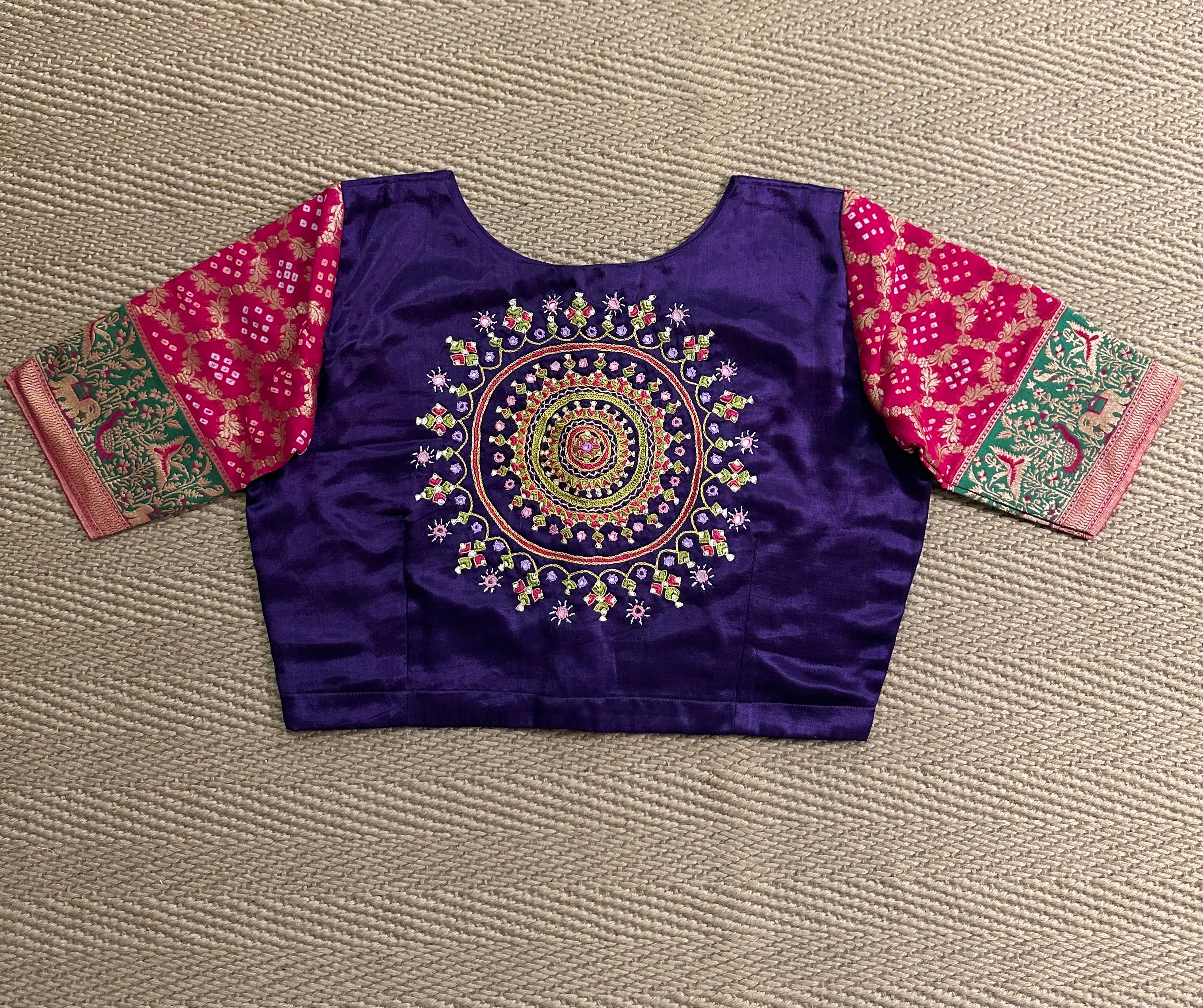 Purple modal silk blouse with mirror work and hand Kutch Embroidery