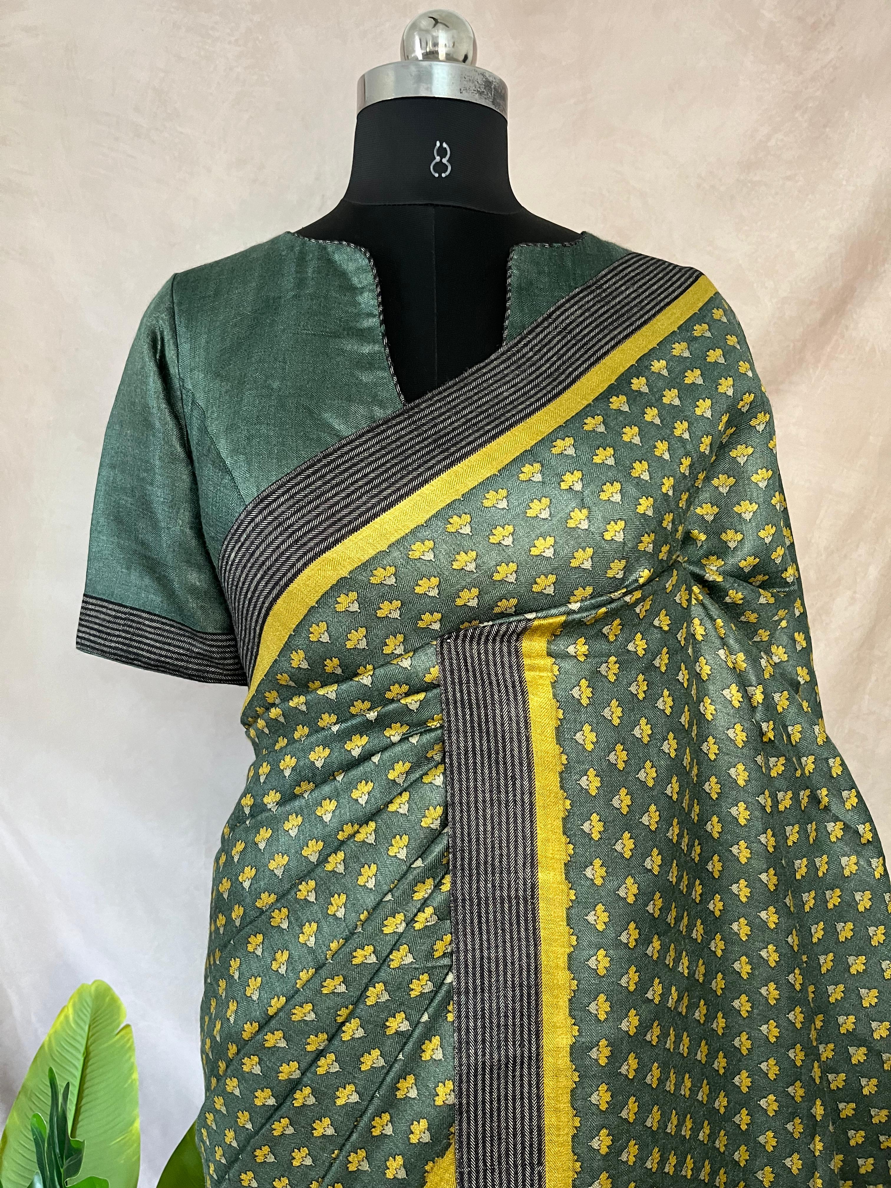 Printed blended tussar silk saree with stitched blouse