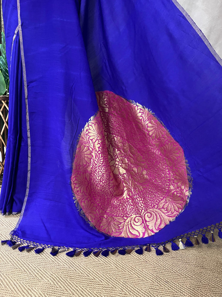 Violet munga tussar silk saree with designer Pallu and stitched blouse