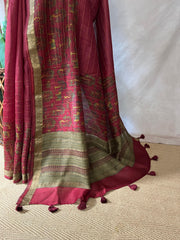 Maroon tussar silk saree the print and and kantha work , with BP