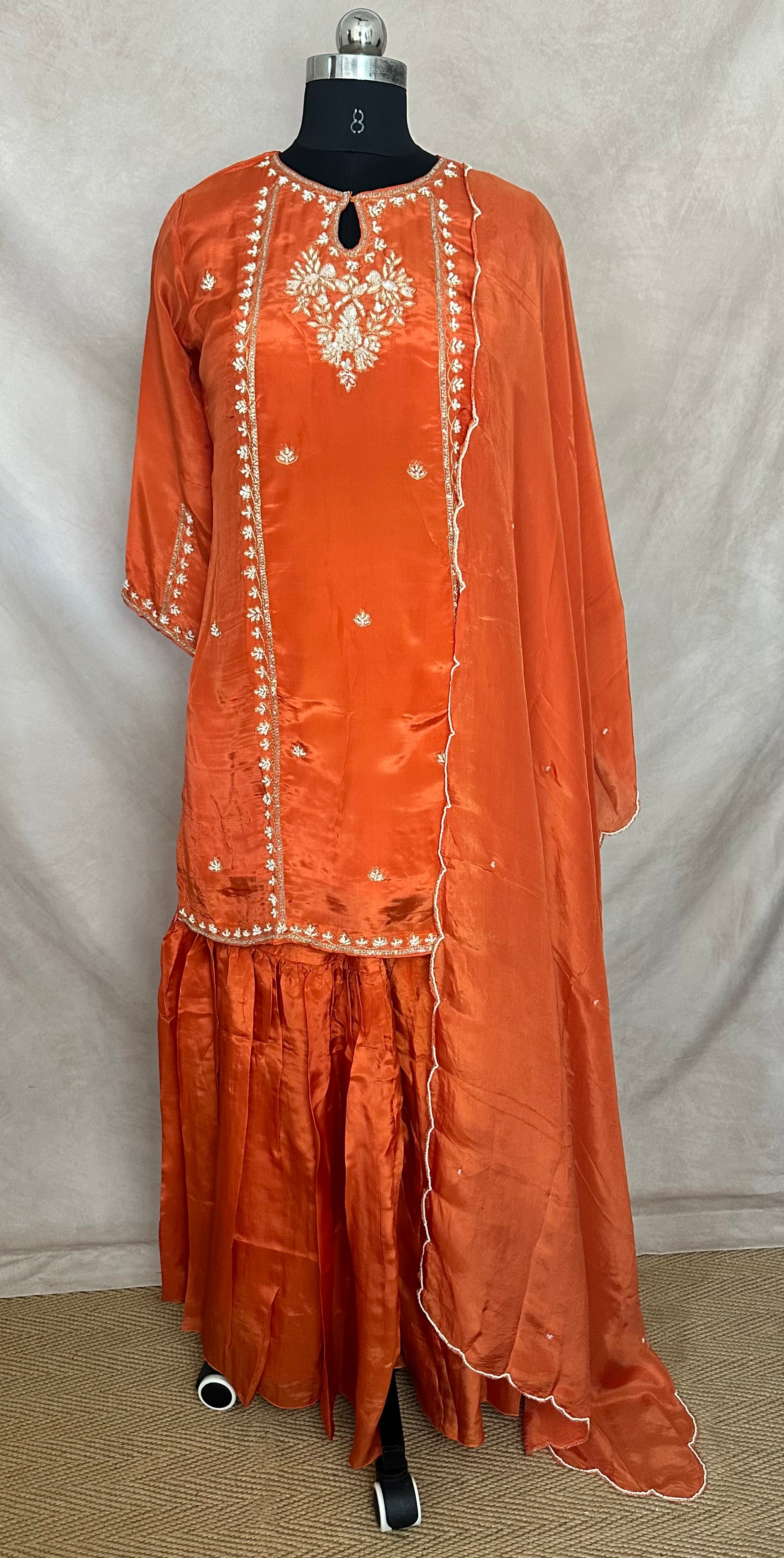 Tissue crepe silk short kurti with gharah and dupatta