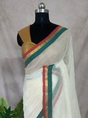 Mulcotton saree with green, red, and gold border (no Pico and fall)