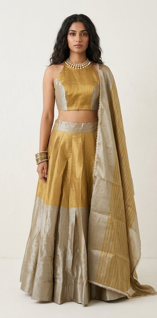 Cotton tissue 8m flare skirt, blouse and dupatta - size S