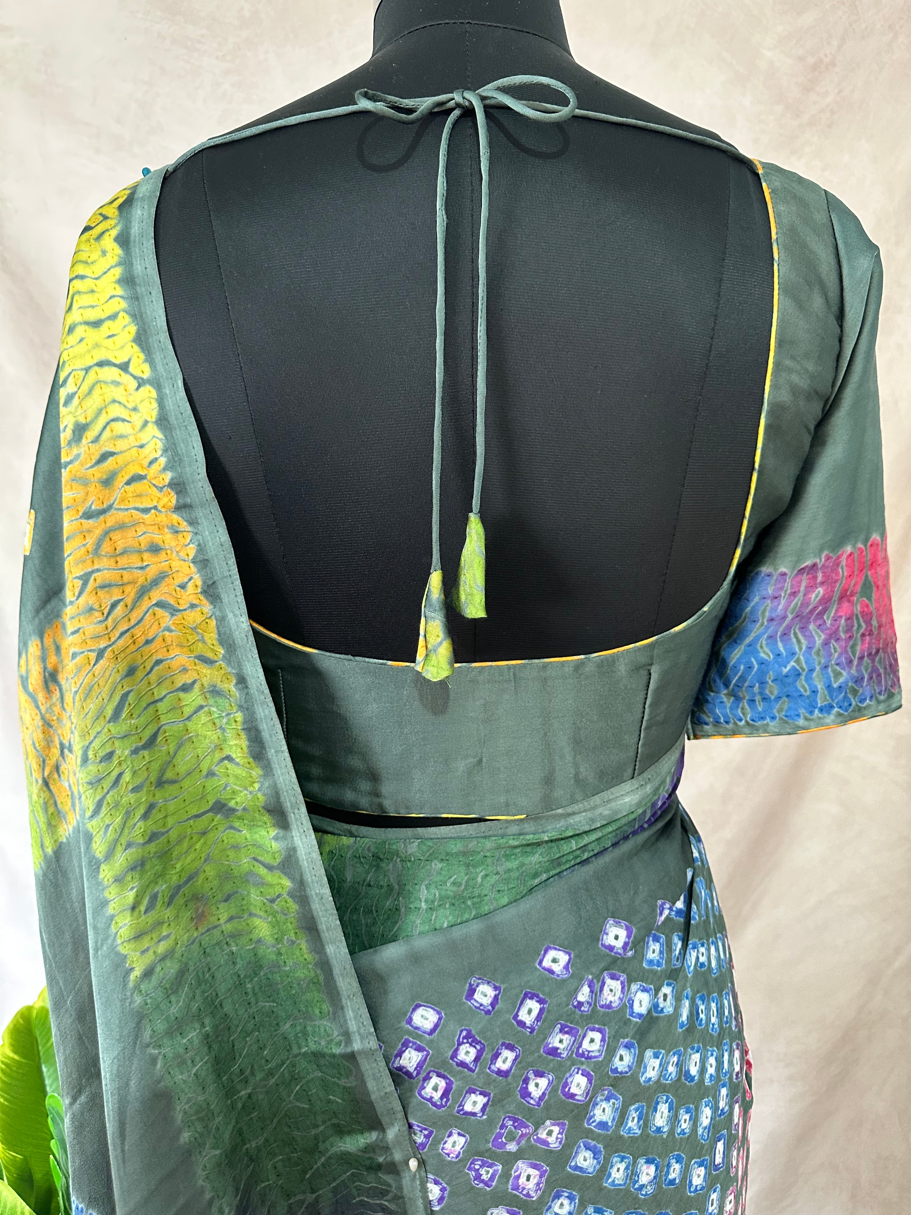 Olive green modal silk with bandhini and shibori work, stitched blouse