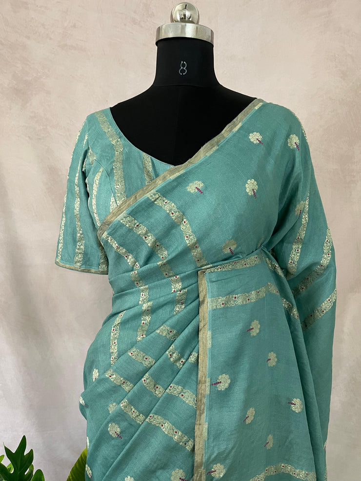 Pastel blue designer tussar georgette saree with meenakari weave , stitched blouse