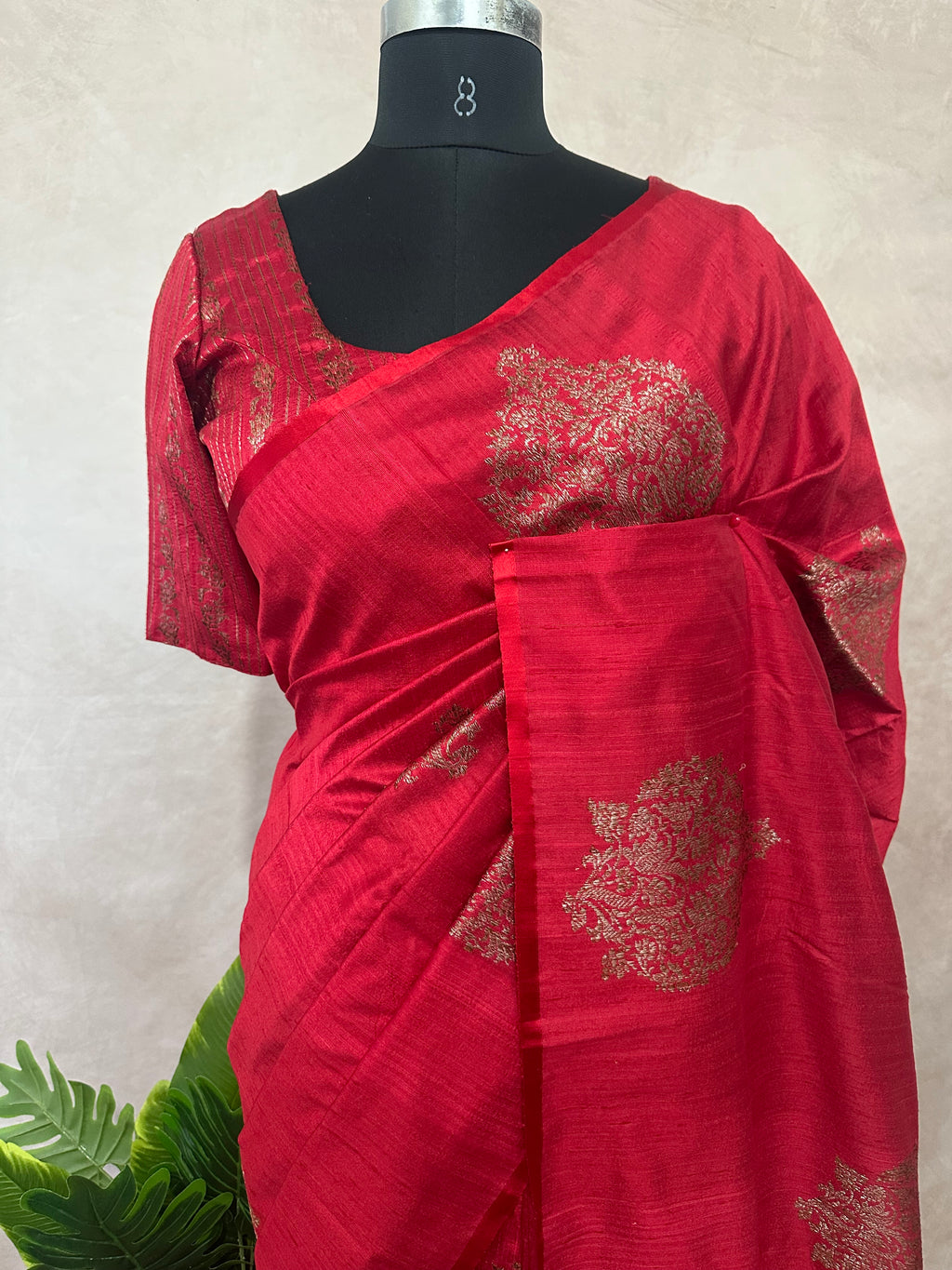 Red raw silk saree with banarsi border and stitched blouse