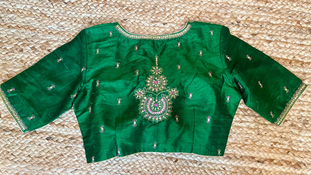 Green silk blouse with aari work