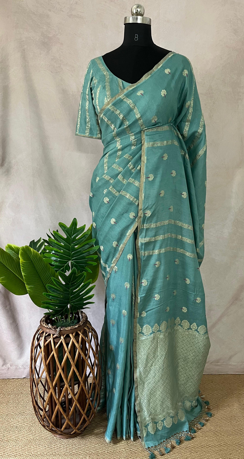 Pastel blue designer tussar georgette saree with meenakari weave , stitched blouse